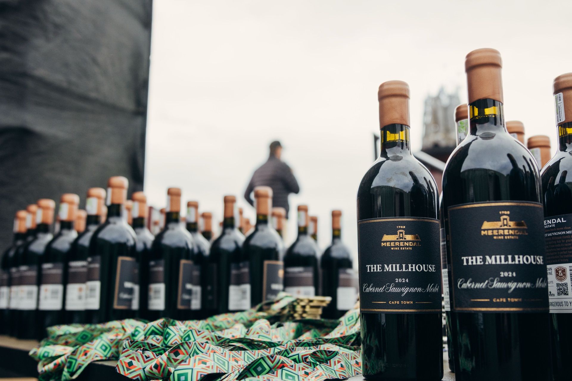 Bottles of Meerendal wine lined up for riders